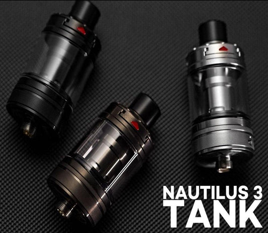 Sleek Aspire Nautilus 3 vape tanks in black, gunmetal, and silver.