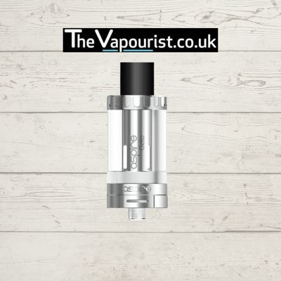 Sleek Aspire vape tank by The Vapourist on rustic wood background