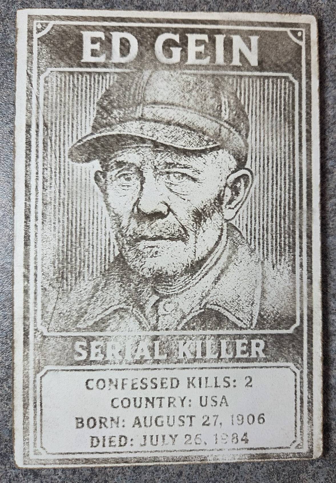 Degen Design Serial Killer Collector Card #5 – Ed Gein features a laser-engraved portrait with crime stats, ideal for true crime trading card collectors.