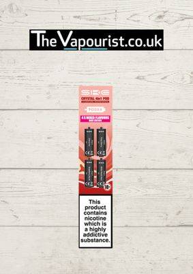 SKE Crystal 4 in 1 Pods Rose Edition 4 Pack with fruity & fizzy flavours, displayed in retail packaging for electronic cigarette users.