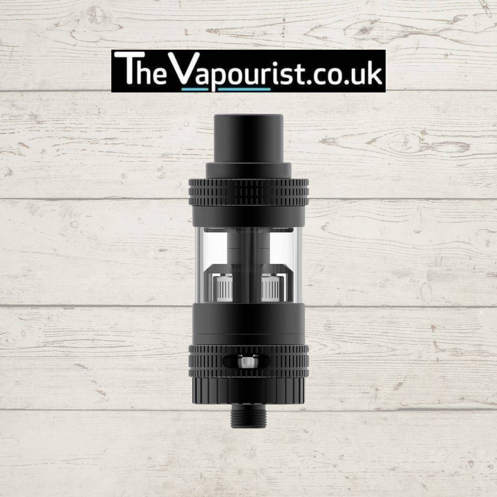 Black Uwell Crown Tank vaporizer with top-fill design and dual adjustable airflow, known for reliability and coil performance in sub-ohm vaping.