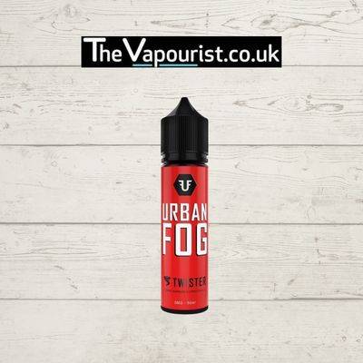 Urban Fog Twister 50ml vape juice with sweet strawberry and tangy pineapple flavor, displayed in a red bottle on a white wooden background.