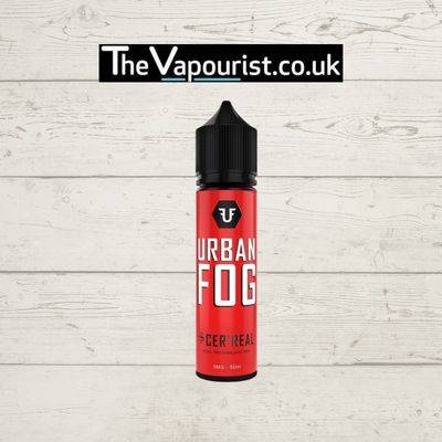 Urban Fog Cer'Real 50ml vape juice bottle with bold red label, offering a cereal flavor blended with cold, creamy milk for a smooth breakfast vape.