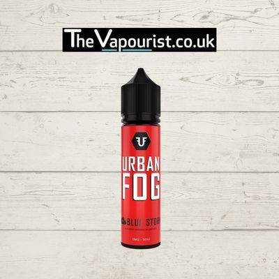 Urban Fog Blue Storm 50ml e-liquid bottle with bold red label, featuring a fruity blue raspberry vape flavor. Sold by TheVapourist.co.uk.