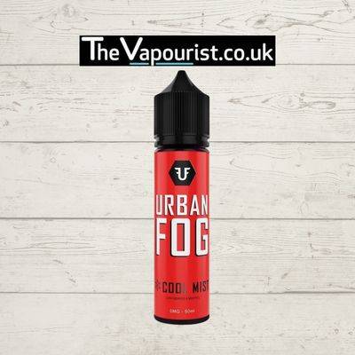 Urban Fog Cool Mist 50ml vape juice with bold red label and black cap, offering a smooth inhale and refreshing menthol exhale for vapers.