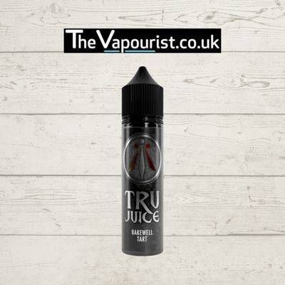TRU Juice Bakewell Tart 50ml vape e-liquid bottle with black cap, featuring nostalgic British dessert flavor of sweet raspberry jam and almond.