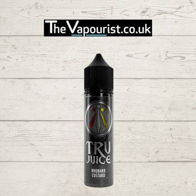 TRU Juice Rhubarb Custard 50ml e-liquid bottle with black cap, featuring sweet and tart flavour branding for vaporizers.