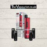 IVG Air 4 In 1 Red Starter Kit with sleek red vaporizer, packaging box, and four flavour pods. Easy-to-use, rechargeable vaping device.