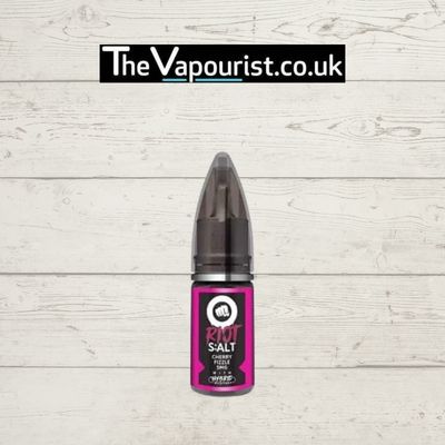 Riot Salt Cherry Fizzle vape juice bottle with hybrid nicotine for MTL devices, featuring bold cherry and sherbet flavor, sold by TheVapourist.co.uk.