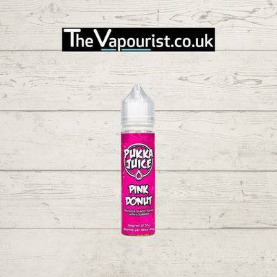 Pukka Juice Pink Donut 50ml vape juice with sweet pink donut flavor and rich glaze, featured on a rustic wood background for e-cigarette users.