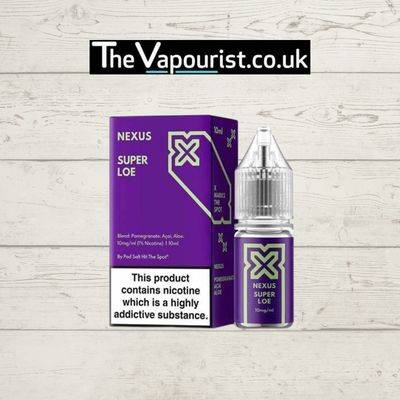 Nexus Super Loe Salt - Sweet & Uniquely Cool Nic Salt e-liquid featuring aloe vera and grape flavor, shown with branded box and bottle.