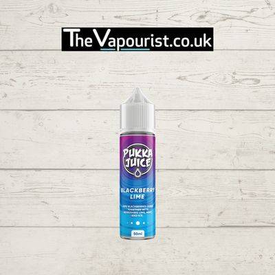 Pukka Juice Blackberry Lime 50ml vape bottle with vibrant purple and blue label, offering a refreshing blend of blackberry and lime flavors.