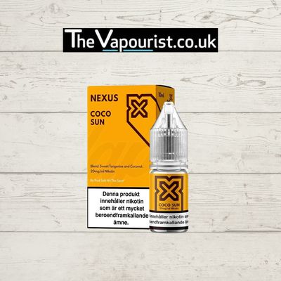 Nexus Coco Sun Nic Salt vaporizer e-liquid with creamy coconut and sweet pineapple flavor in 10ml bottle, displayed with branded packaging.