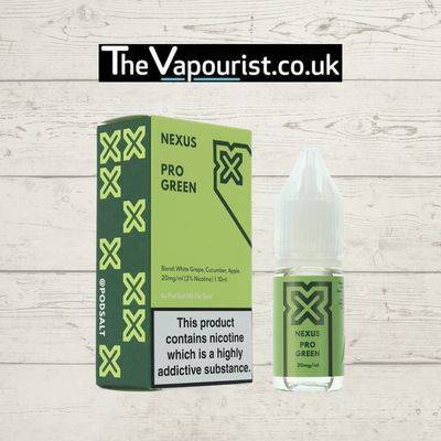 Nexus Pro Green Salt vape juice with packaging featuring a fresh blend of green apple, lime, and cooling mint for a crisp vaping experience.