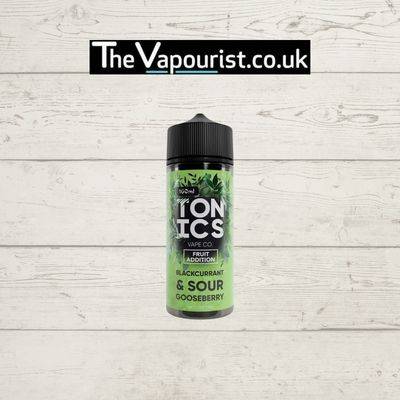 Tonics Blackcurrant Sour Gooseberry 100ml vape juice bottle with green label, showcasing a tangy fruit fusion flavor for vaporizers.