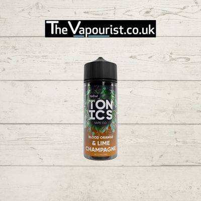 Tonics Blood Orange & Lime Champagne 100ml vape juice bottle with citrus-themed label, ideal for vapers seeking a zesty, sparkling flavor blend.