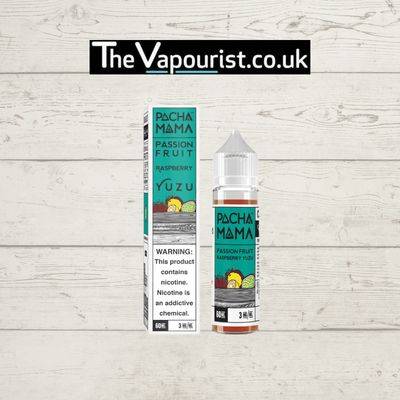 Pacha Mama Passion Fruit Raspberry Yuzu 50ml vape juice with tropical flavor blend, shown with branded box and bottle on wood background.