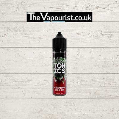 Tonics Strawberry & Lime Gin 50ml vape juice bottle with fruity label design, featuring strawberries and lime for a refreshing vapor flavor.