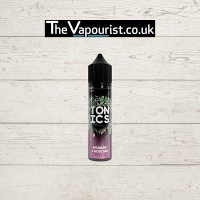 Tonics Rhubarb & Rose Gin 50ml vape juice bottle with black cap, featuring floral rose and rhubarb design, sold by TheVapourist.co.uk.