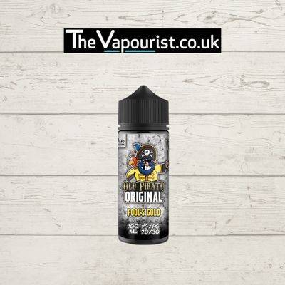 Old Pirate Original Pineapple Fools Gold 100ml vape juice with tropical pineapple flavor, featured on a rustic wood background for The Vapourist.co.uk.