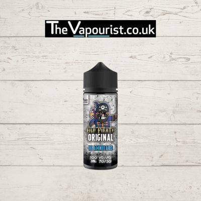 Old Pirate Original Blackcurrant, Blueberry & Aniseed Blackbeard 100ml vape juice bottle with pirate-themed label, ideal for vaporizers.