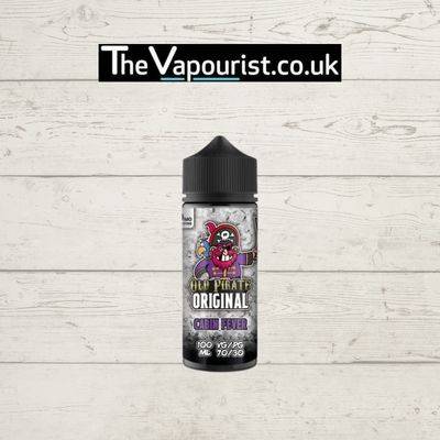 Old Pirate Original Cherry Ice Cabin Fever 100ml vape juice with bold cherry and menthol flavor, featured on rustic white wood background.