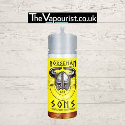 Norseman & Sons Lemon Tart 100ml vape juice with bold yellow label featuring Viking helmet logo, offering zesty lemon and creamy tart flavor.