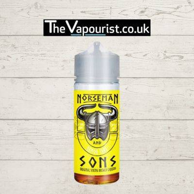 Norseman & Sons Lemon Tart 100ml vape liquid vape juice with bold yellow label featuring Viking helmet logo, offering zesty lemon and creamy tart flavor.