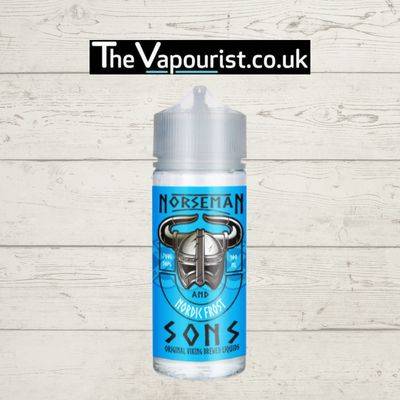 Norseman & Sons Nordic Frost 100ml vape juice with bold Viking helmet design, offering a cool and invigorating menthol vaping experience.