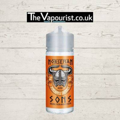 Norseman & Sons Pineapple Sherbet 100ml vape juice with bold orange label and Viking-themed design, offering tangy, fizzy sherbet flavor.