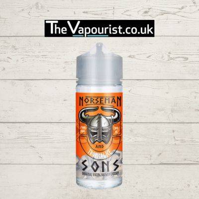 Norseman & Sons Tropical Ice 100ml vape juice with exotic tropical fruits and icy finish, featured in orange label bottle for vibrant vaping.