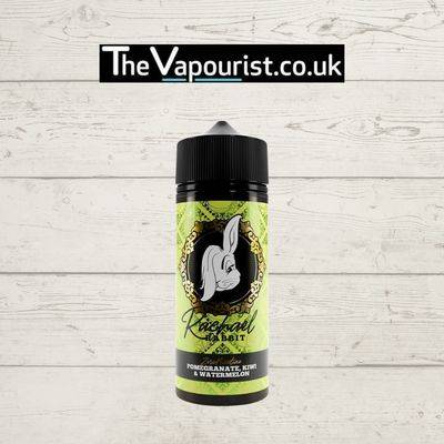 Rachael Rabbit Pomegranate Kiwi Watermelon 100ml vape juice bottle with green label and rabbit logo, available at TheVapourist.co.uk.