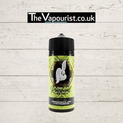 Rachael Rabbit Pomegranate Kiwi Watermelon 100ml vape liquid vape juice bottle with green label and rabbit logo, available at TheVapourist.co.uk.
