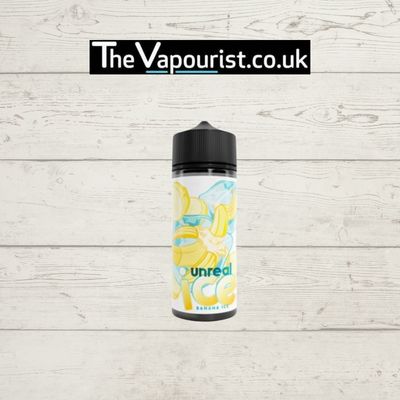 Unreal Ice Banana 100ml vape juice bottle with banana and menthol-themed label, ideal for DTL vaping with a 70/30 VG/PG blend.