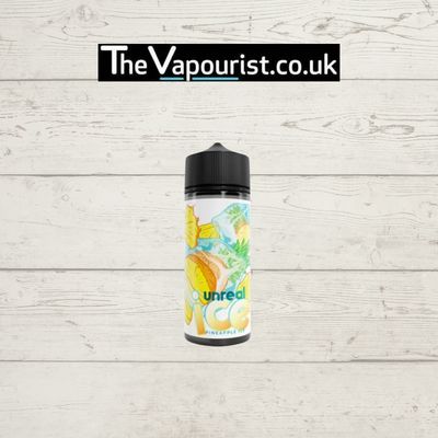 Unreal Pineapple Ice Vape Juice 100ml bottle with tropical fruit design, ideal for DTL vaping with sweet pineapple and icy menthol flavor.