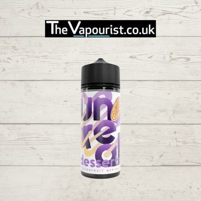 Unreal Desserts Passionfruit - Meringue Vape Juice 100ml bottle with vibrant purple and yellow label, displayed on rustic wood background.