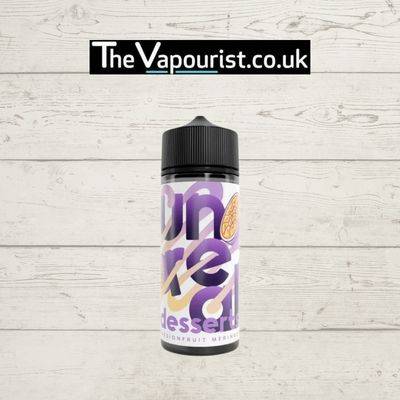 Unreal Desserts Passionfruit - Meringue Vape Juice 100ml vape liquid bottle with vibrant purple and yellow label, displayed on rustic wood background.