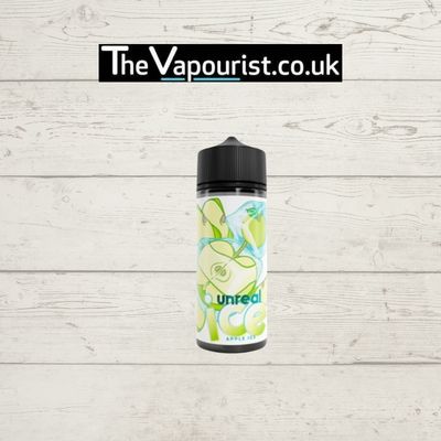 Unreal Apple Ice E-liquid 100ml bottle featuring crisp green apple graphics and icy menthol design. Ideal for DTL vaping with VG70 blend.
