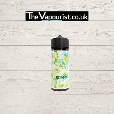 Unreal Apple Ice E-liquid 100ml vape liquid bottle featuring crisp green apple graphics and icy menthol design. Ideal for DTL vaping with VG70 blend.