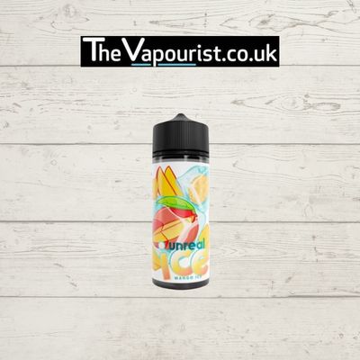 Unreal Ice Mango 100ml eliquid bottle with tropical mango and menthol design, perfect for DTL vaping and sub ohm devices.