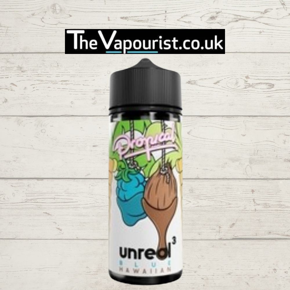 Unreal 3 Raspberry & Coconut Blue Hawaiian 100ml vape juice with tropical-themed label featuring raspberry, coconut, and blue Hawaiian flavors.