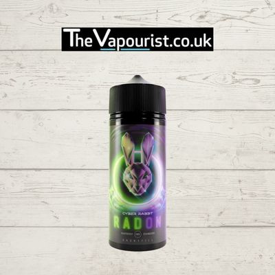 Cyber Rabbit Radon vape juice 100ml bottle featuring a neon rabbit design. Fruity trio blend of strawberry, raspberry, and blueberry for sub-Ω kits.