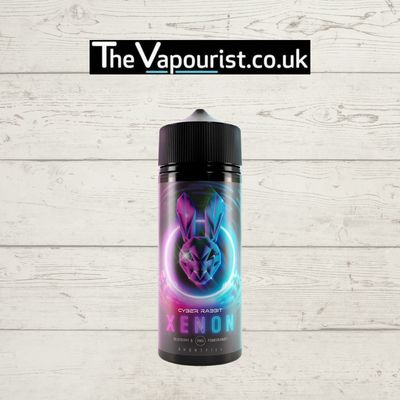 Cyber Rabbit Xenon Blueberry Pomegranate Vape 100ml bottle with neon rabbit logo, ideal for sub-ohm vaping with a 70/30 VG/PG blend.