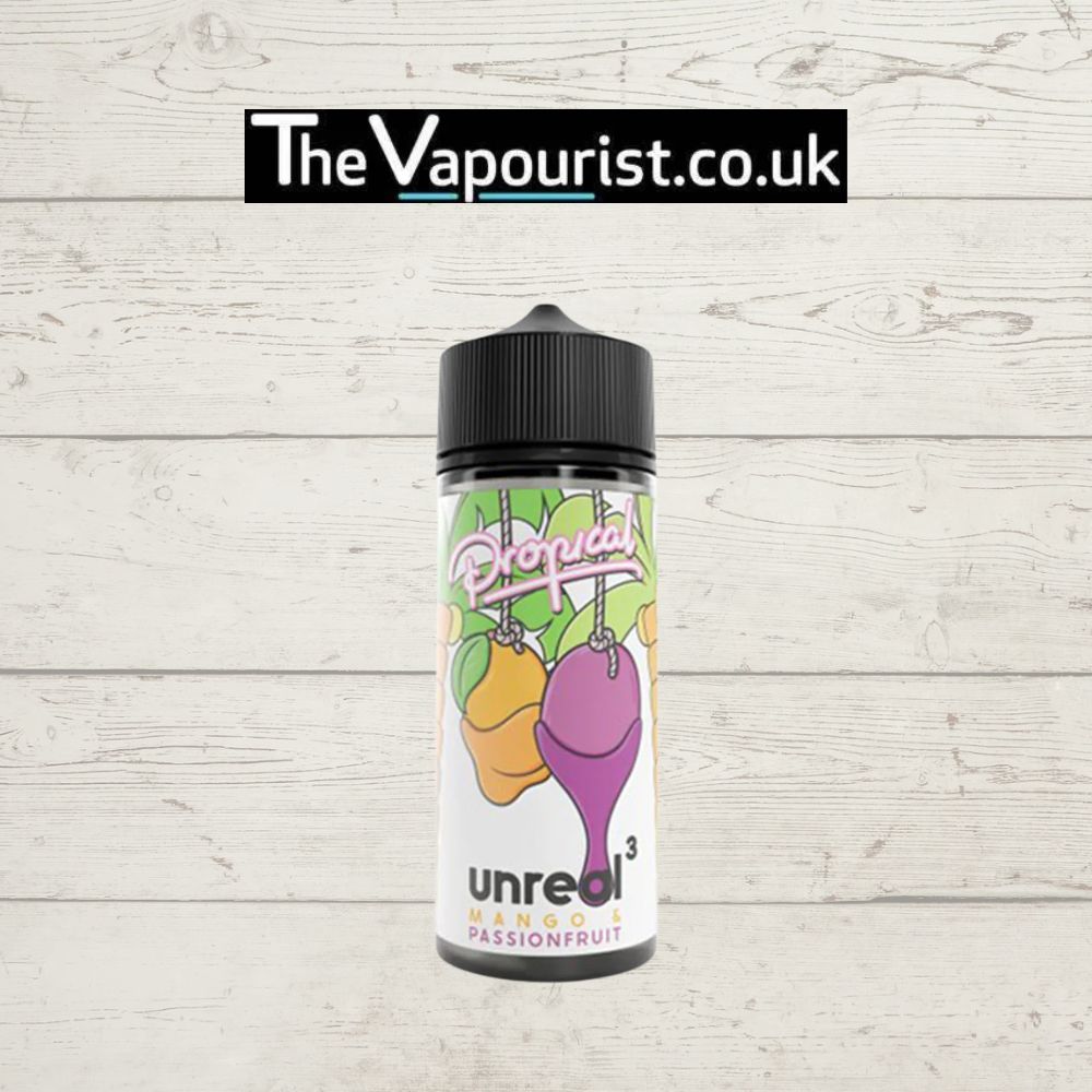 Unreal 3 Vape Juice - Mango Passionfruit 100ml bottle with colorful tropical fruit design, ideal for DTL vaping with 70/30 VG blend.