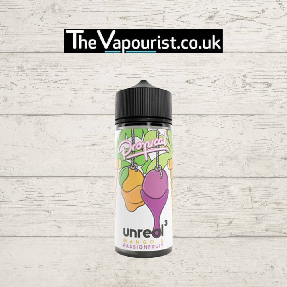 Unreal 3 Vape Juice - Mango Passionfruit 100ml vape liquid bottle with colorful tropical fruit design, ideal for DTL vaping with 70/30 VG blend.