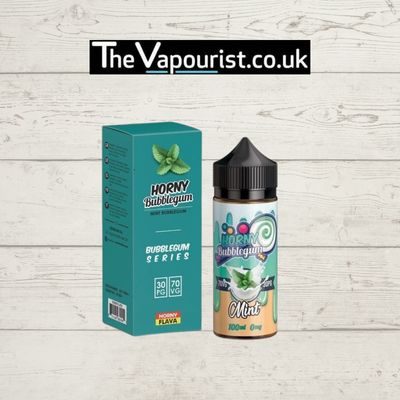 Horny Bubblegum Mint Vape Juice 100ml with 70/30 VG/PG ratio, featuring sweet bubblegum and cool mint flavor, ideal for sub-ohm vaping.