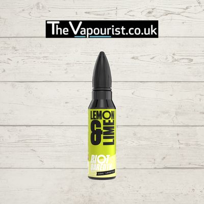 Riot Squad E-Liquid - Lemon Lime Long Fill 60ml bottle with bullet-style cap, featuring bold citrus branding. Ideal for custom citrus vape blends.