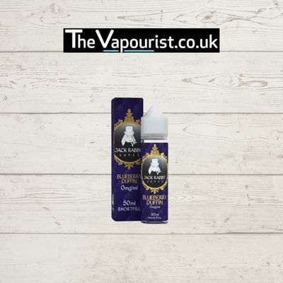 Jack Rabbit Blueberry Duffin Vape Juice 50ml bottle and box with rich dessert flavor branding, ideal for DTL vaping with thick clouds.