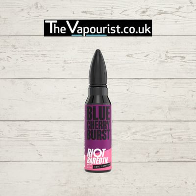 Riot Squad Blue Cherry Burst Vape Juice 60ml bottle with bullet-shaped design, featuring bold blue raspberry and cherry flavors. Ideal for customizable vaping.