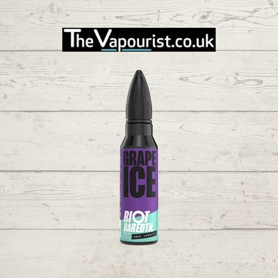 Riot Squad Grape Ice 60ml vape longfill bottle with bullet-style design, featuring bold purple and teal label. Fruity and icy blend for sub-ohm vaping.